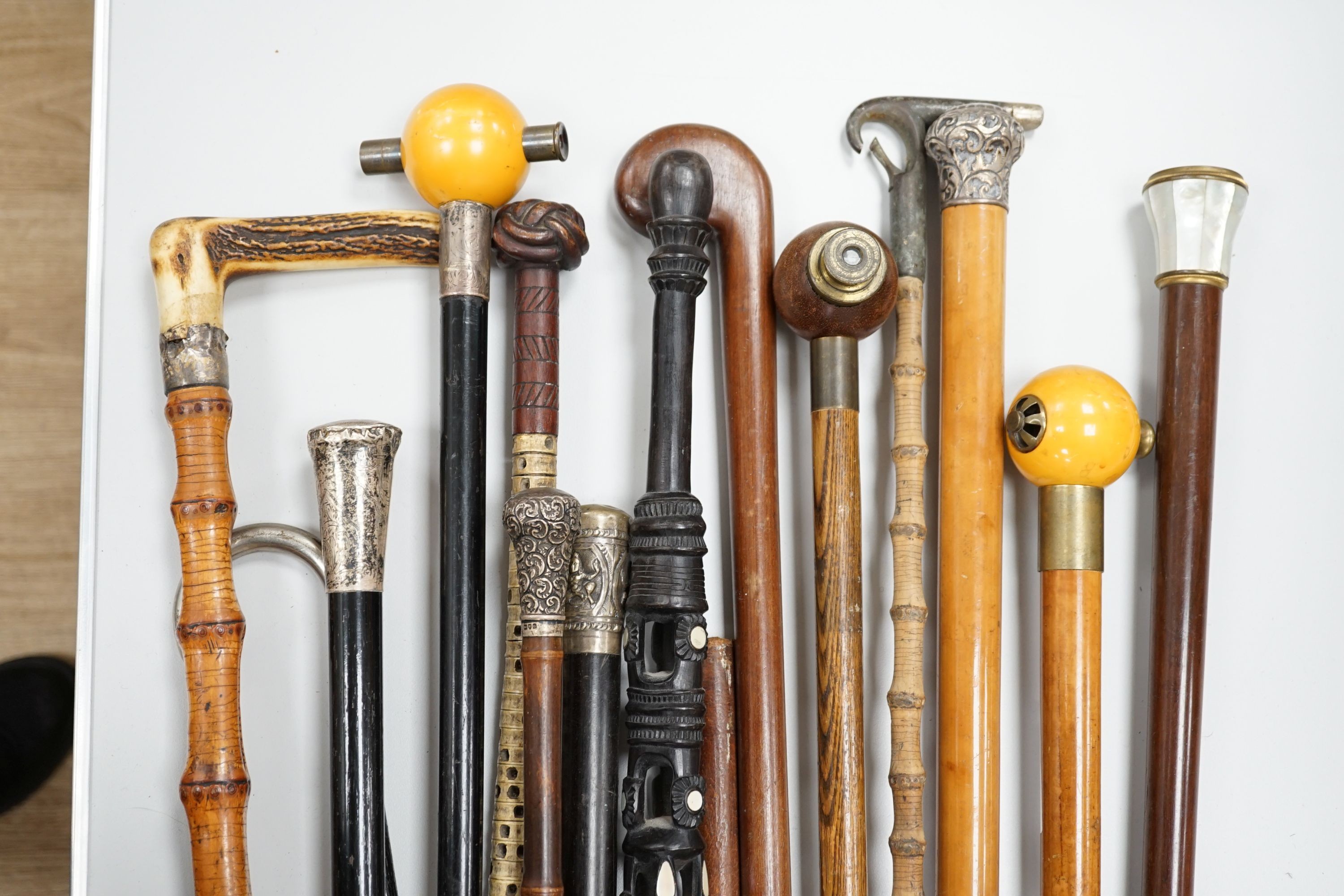 A collection of fifteen assorted walking sticks and canes, many silver mounted